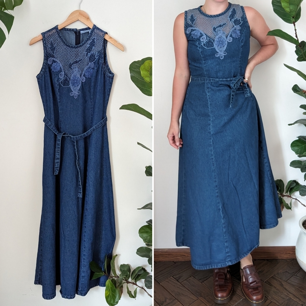 Newport News Blue Denim Midi Dress with Embroidered Yoke - Picture 2 of 12